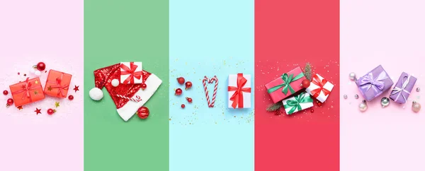 Collage Mit Vielen Weihnachtsdekorationen Und Geschenken Auf Farbigem Hintergrund Draufsicht — Stockfoto