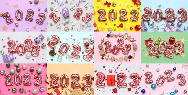 Koláž Figurkami 2023 Balónků Barevném Pozadí Novoroční Oslava — Stock fotografie