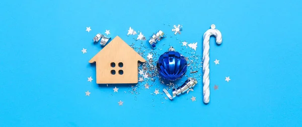 Composition Christmas Decorations Blue Background — Stock Photo, Image
