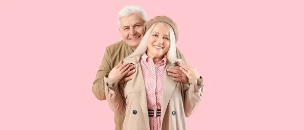 Portrait Happy Elderly Couple Pink Background — Stockfoto