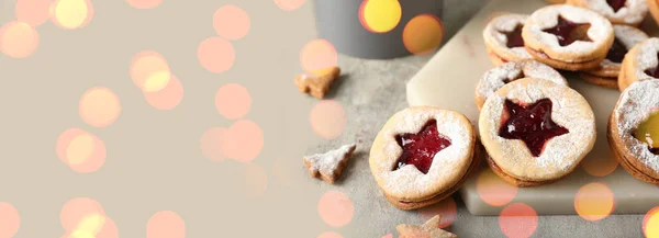 Tasty Linzer Cookies Light Background Space Text — Stock Photo, Image