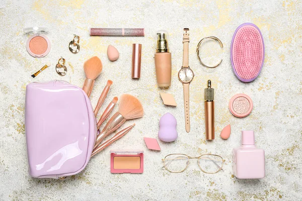 Bag Makeup Brushes Cosmetics Accessories Grunge Background — Stock Photo, Image