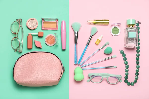 Pink Bag Cosmetics Accessories Color Background — Stock Photo, Image