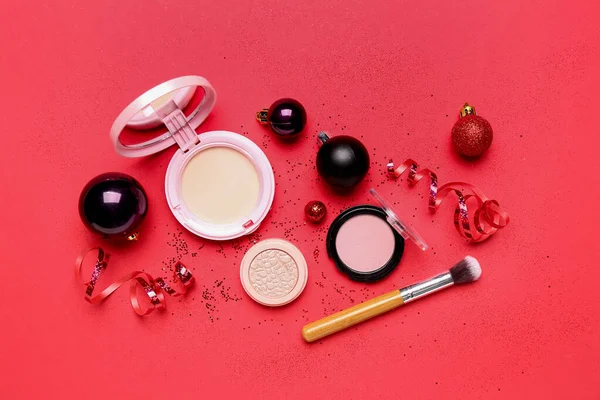 Makeup Products Christmas Balls Serpentine Red Background — Stock Photo, Image