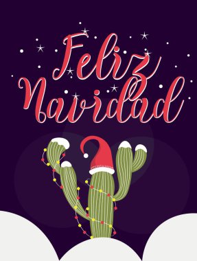 Üzerinde Noel kaktüsü ve FELIZ NAVIDAD yazan tebrik kartı koyu arkaplanda