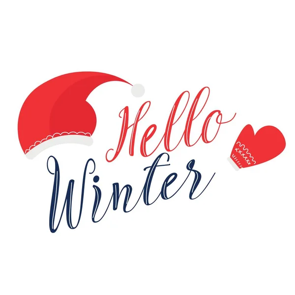 Text Hello Winter Santa Claus Hat Mitten White Background — Stock Vector