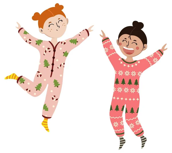 Счастливые Маленькие Девочки Рождественских Пижамах Белом Фоне — стоковый вектор