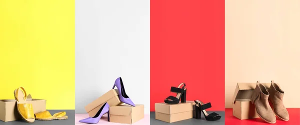 Collage Aus Kartons Mit Stilvollen Schuhen Auf Farbigem Hintergrund — Stockfoto