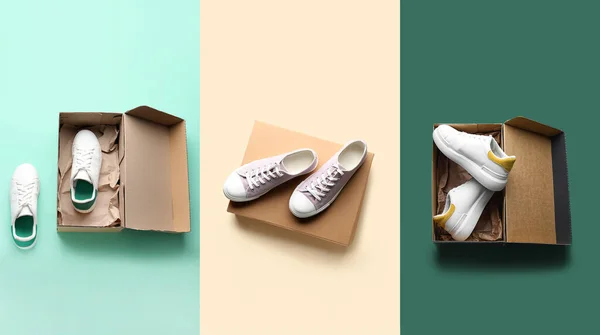 Collage Cardboard Boxes Stylish Male Shoes Color Background Top View — Stock Photo, Image