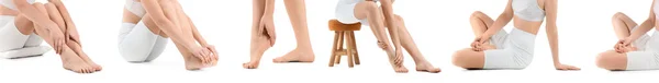 Koláž Ženy Dělat Vlastní Masáž Nohou Bílém Pozadí — Stock fotografie