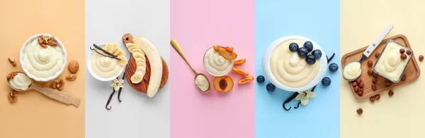 Collage Välsmakande Vaniljpudding Med Frukt Och Nötter Färg Bakgrund — Stockfoto
