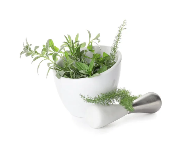 Mortar Different Herbs White Background — Stock Photo, Image
