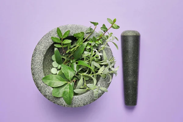 Stone Mortar Herbs Pestle Color Background — Stock Photo, Image