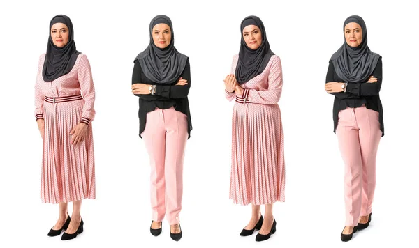 Collage Van Stijlvolle Volwassen Moslim Vrouw Witte Achtergrond — Stockfoto
