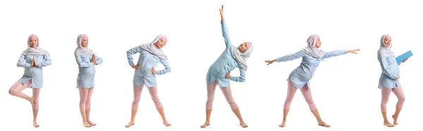 Collage Snygg Ung Muselman Kvinna Gör Yoga Vit Bakgrund — Stockfoto