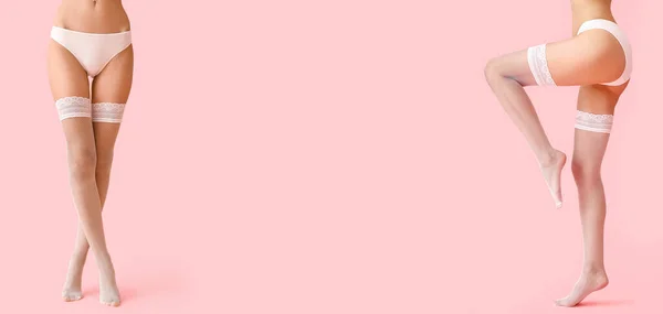 Πόδια Όμορφων Νεαρών Γυναικών Λευκό Φόντο Ροζ Φόντο Χώρο Για — Φωτογραφία Αρχείου
