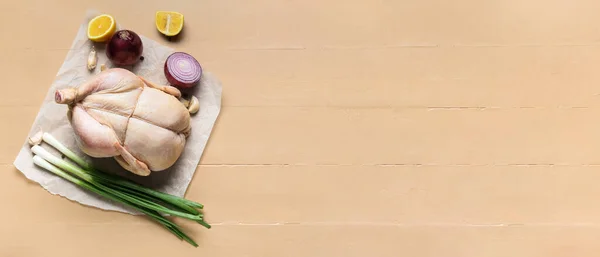 Parchment Whole Raw Chicken Lemon Onion Color Wooden Background Space — Stock Photo, Image
