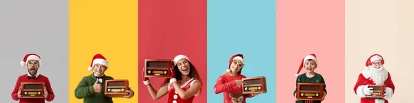 Collage Personas Santa Claus Con Receptores Radio Retro Sobre Fondo —  Fotos de Stock
