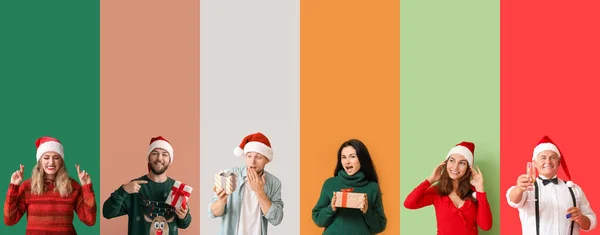 Renkli Arka Planda Noel Bekleyen Insanların Kolajı — Stok fotoğraf