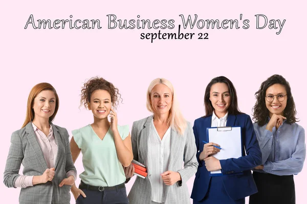 带有有色人种背景的女商人团体的横幅 美国商业妇女日 — 图库照片