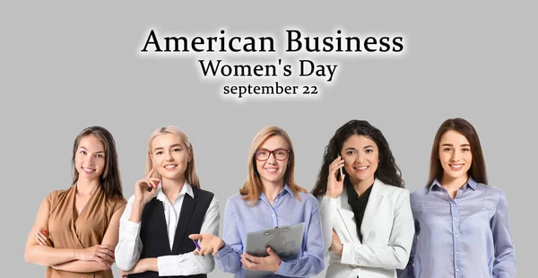 Banner Con Grupo Empresarias Sobre Fondo Gris Día Mujer American — Foto de Stock