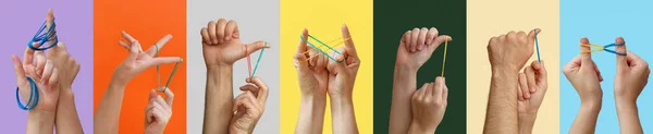 Set Human Hands Rubber Bands Color Background — Stock Photo, Image
