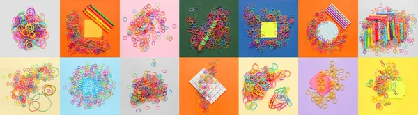 Collage Färgglada Gummiband Och Kontorsmaterial Färg Bakgrund — Stockfoto