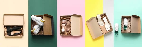 stock image Collage of cardboard boxes with stylish new shoes on color background, top view