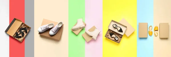 Kartondobozok Gyűjteménye Stílusos Cipőkkel Színes Háttéren Felülnézet — Stock Fotó