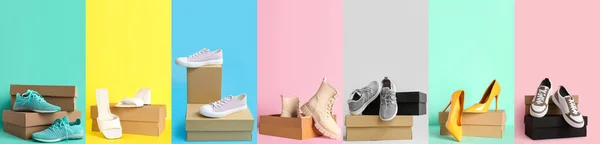 Набір Картонних Коробок Стильним Новим Взуттям Кольоровому Фоні — стокове фото