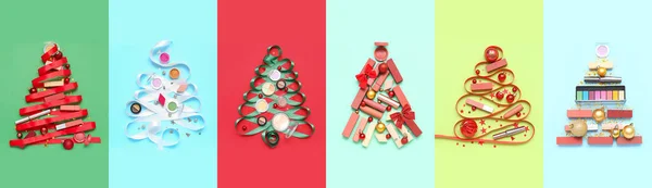 Collage Alberi Natale Creativi Fatti Cosmetici Trucco Nastri Decorazioni Sfondo — Foto Stock