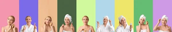 Collage Van Volwassen Vrouw Met Cosmetisch Serum Kleur Achtergrond — Stockfoto