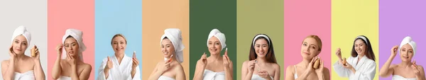 Collage of beautiful women with cosmetic serum on color background