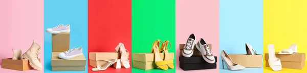 Colagem Caixas Papelão Com Elegantes Sapatos Novos Fundo Cor — Fotografia de Stock