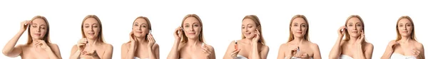 Kolaż Dojrzałej Kobiety Serum Kosmetycznym Białym Tle — Zdjęcie stockowe