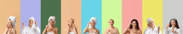 Collectie Van Mooie Vrouwen Met Cosmetisch Serum Kleur Achtergrond — Stockfoto