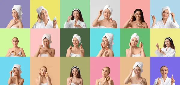 Set Hermosas Mujeres Con Suero Cosmético Sobre Fondo Color — Foto de Stock