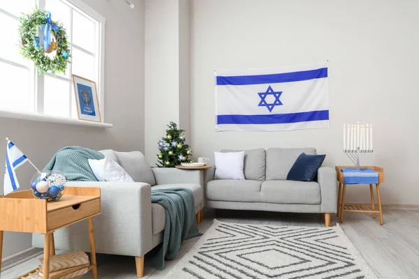 Interior Living Room Flag Israel Sofas Decorated Hanukkah Celebration — Stock Photo, Image