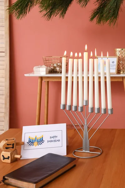 Menorah Greeting Card Torah Dreidels Hanukkah Table Living Room — Stock Photo, Image