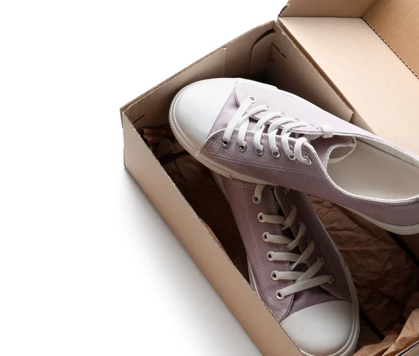 Cardboard Box Sneakers White Background — Stock Photo, Image