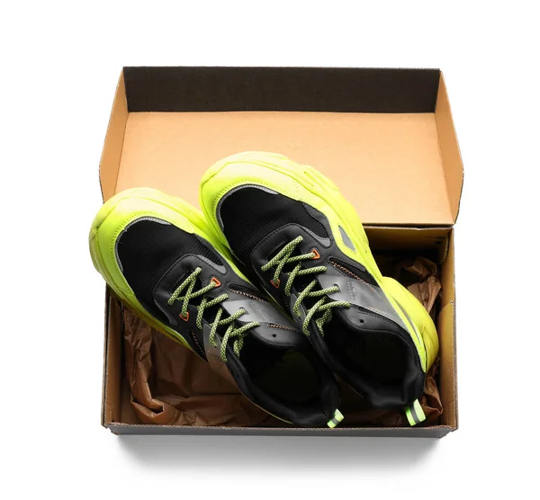 Cardboard Box Black Running Shoes White Background — Stock Photo, Image