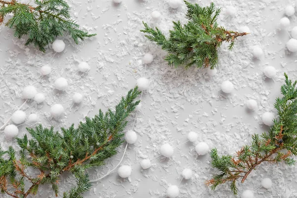 Fir Branches Snow Christmas Decor Grey Background — Stock Photo, Image