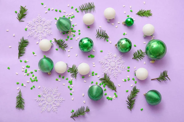 Christmas Balls Snowflakes Sprinkles Fir Branches Color Background — Stock Photo, Image