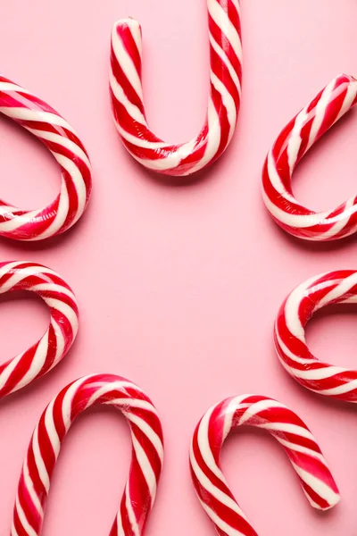 Frame Made Candy Canes Pink Background — Stock Photo, Image