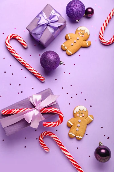 Candy Canes Christmas Balls Presents Cookies Lilac Background — Stock Photo, Image
