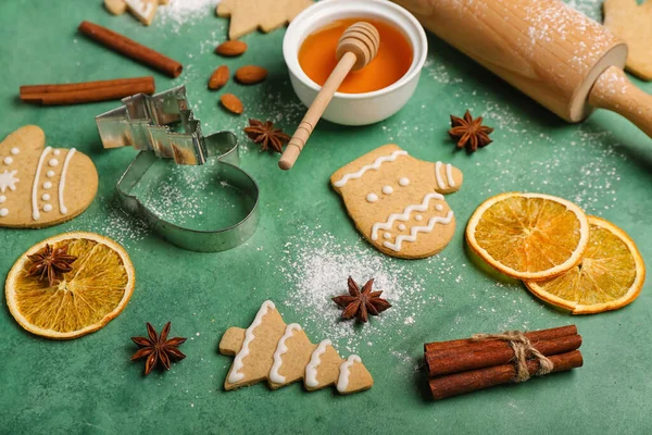 Tasty Christmas Cookies Cutters Ingredients Color Background — Stock Photo, Image