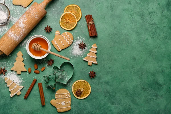 Composition Tasty Christmas Cookies Ingredients Utensils Color Background — Stock Photo, Image
