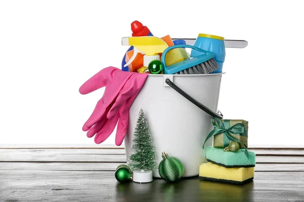 Bucket Cleaning Supplies Christmas Decor Table White Background — Stock Photo, Image