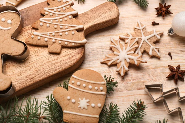 Board Tasty Christmas Cookies Wooden Table Closeup — Stock Photo, Image