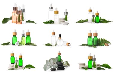 Beyaza izole edilmiş kozmetik serumlu şişeler.